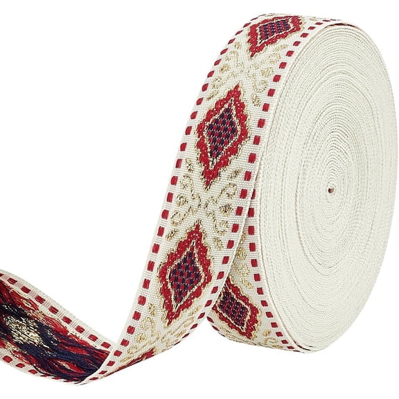 1 Bag 10 Yards Jacquard Ribbon Trims 7/8 inch Wide FireBrick Color Boho Embroidered Woven Ribbon Polyester Rhombus Woven Fabric Bias Tape for DIY Clothing Bag Sewing Crafts Home Decoration