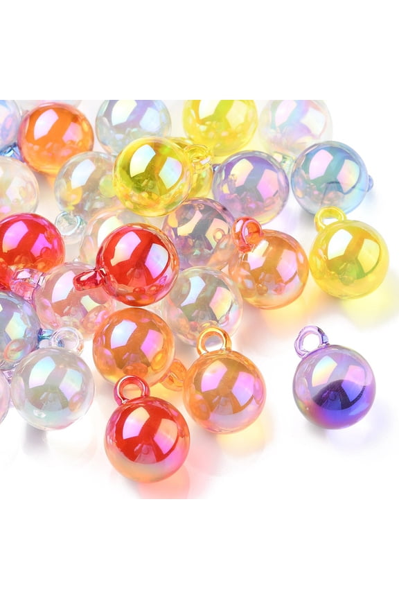 1 Bag 100Pcs 10 Colors UV Plating Rainbow Iridescent Transparent Acrylic Pendants Round Mixed Color 21x16x16mm Hole: 3.5mm 10pcs/color