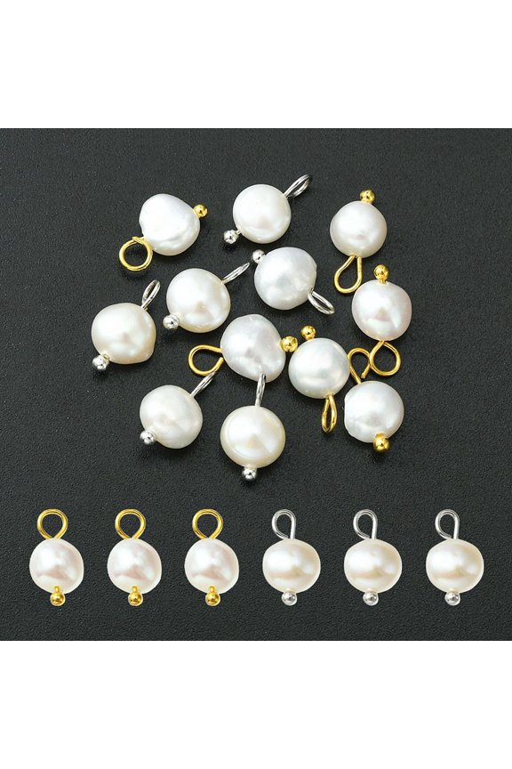 1 Bag 12Pcs 2 Styles Natural Cultured Freshwater Pearl Oval Charms with Platinum Tone Brass Loops White Mixed Color 10~12x5.5~8x4~6mm Hole: 2.3~2.7mm 6pcs/style