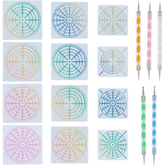 1 Bag 12Pcs 3 Sizes Mandala Painting Stencils with 5Pcs Dotting Tools 4/8/12/16 Segment Mandala Reusable Plastic Templates for DIY Art Crafts Wood Walls Furniture Fabric Metal Stone Rock Painting