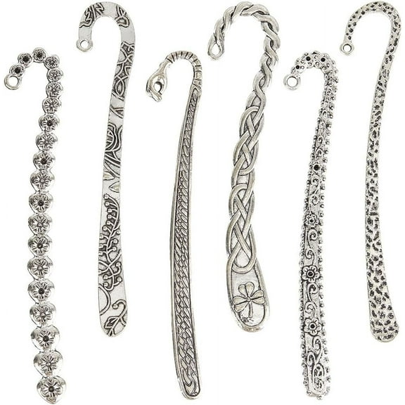 1 Bag 12Pcs 6 Styles Hook Bookmark Silver Hairpin Bookmark Bulk Alloy Retro Tibetan Chinese Style Flower Branch Bookmarks Findings with Hole Book Mark Blank for Crafts Jewelry Making Gifts DIY
