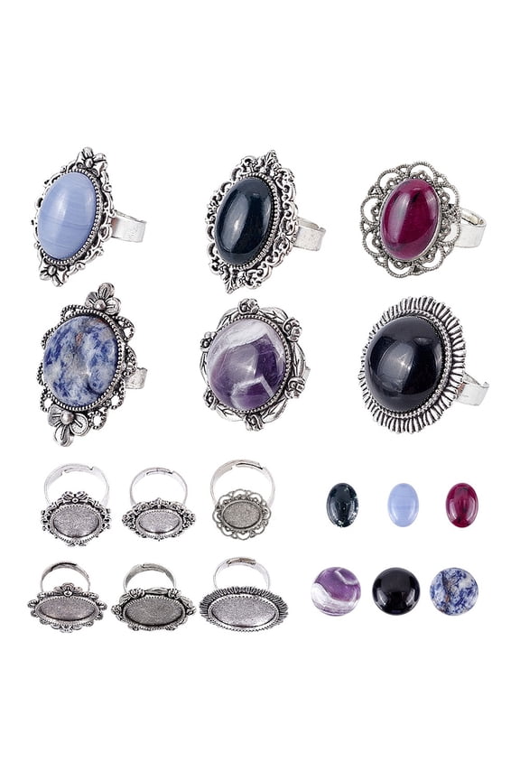1 Bag 12Pcs DIY Natural Gemstone Finger Ring Making Kits Including Alloy Adjustable Iron Finger Ring Components Silver Size 7 17mm