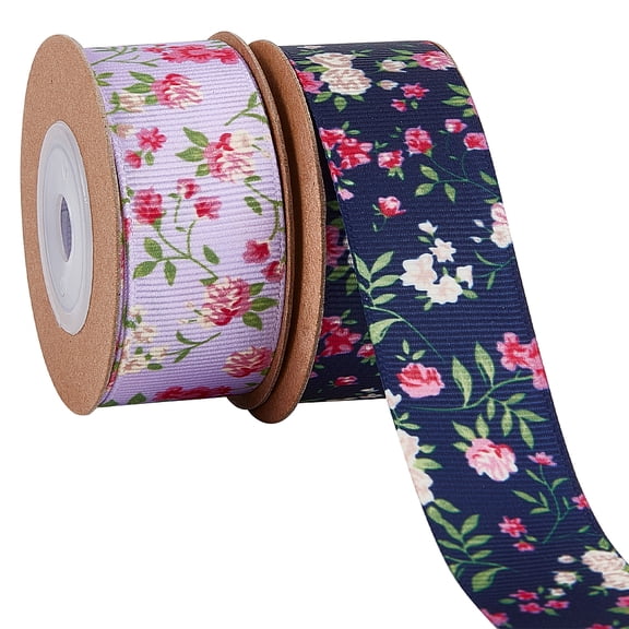 1 Bag 2 Rolls 25mm x 5m Floral Printed Grosgrain Ribbon Single Side Flower Printed Polyester Ribbon Tape for DIY Handmade Crafts Gift Wrapping Supplies Home Decorations Marine Blue+Plum