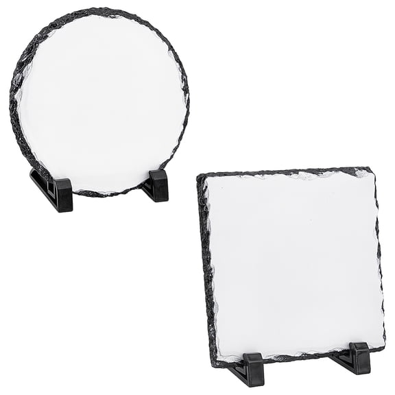 1 Bag 2 Sets 2 Style Sublimation Blank Natural Slate Rock Stone Plate with Plastic Racks oto Frame for Heat Press Machine Square & Round White 79x142x147mm and 79x142x150mm 1 set/style