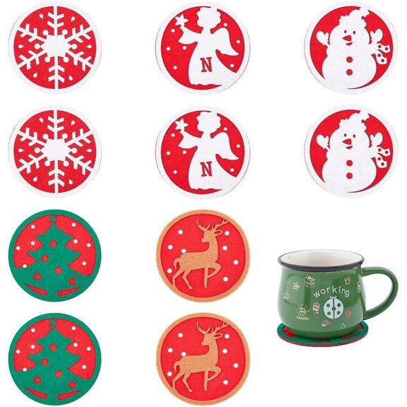 1 Bag 20Pcs 5 Styles Felt Heat Resistant Cup Mats Christmas Holiday Coasters Red Snowflake Flat Round Coaster Nonslip Table Placemats Green Tree Table Decorations for Drinks Wine Coffee Cup