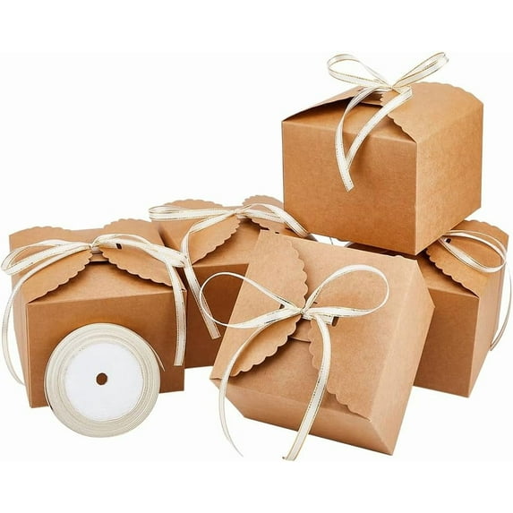 1 Bag 20Pcs Paper Gift Box Brown Kraft Paper Folding Box with Polyester Ribbon Roll Paper Cookie Boxes 12x12x9CM Square Paper Cookie Boxes for DIY Gift and Party Packaging