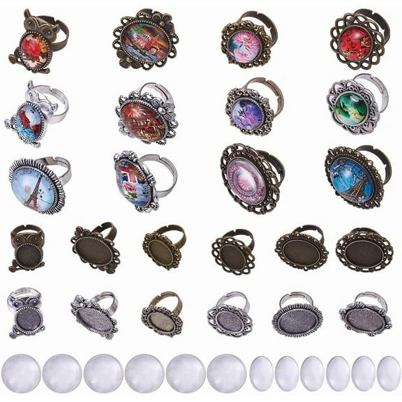 1 Bag 24pcs Mixed Adjustable Ring Blanks Cabochon Jewelry Making Kit Finger Ring Settings Clear Glass Cabochons Oval Round for Jewelry Making Adult Crafting Antique Silver Bronze