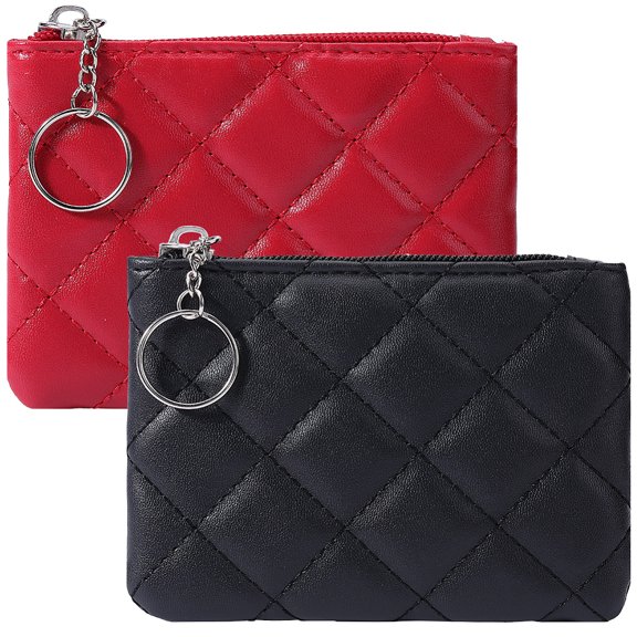 1 Bag 2Pcs 2 Colors Rhombus Pattern PU Leather Zip Pouches Wallets with Alloy Keychain for Women Mixed Color 96x128x14mm 1pc/color