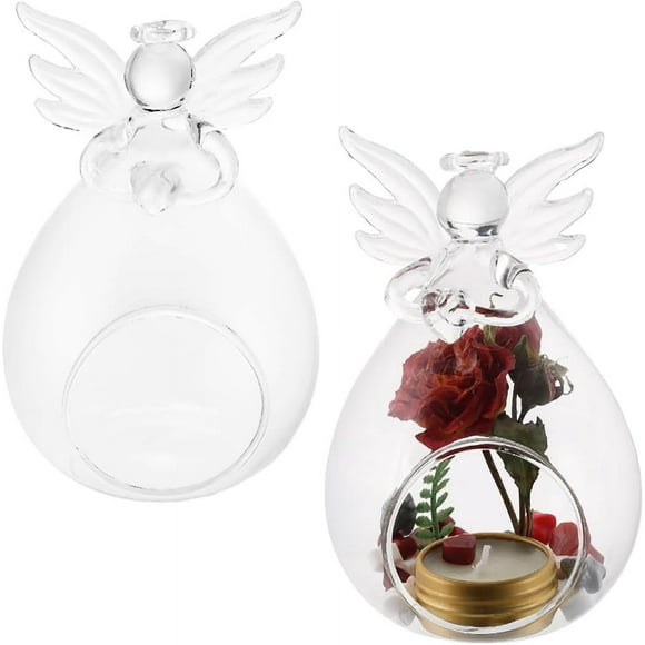 1 Bag 2Pcs Hanging Glass Candle Holders Praying Angel Candlestick Clear 7.5x7.7x12.75cm Inner Diameter: 4.3cm