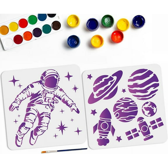 1 Bag 2pcs Astronaut Planet Rocket Stencil 11.811.8inch Outer Space Theme Stencils with Paint Brush Reusable Rocket Spaceship Stars Drawing Stencil for DIY Projects and Crafts