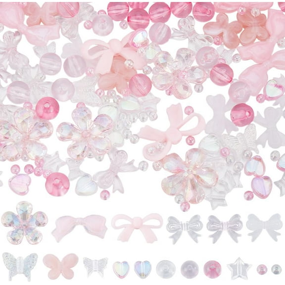 1 Bag 300Pcs 17 Styles Assorted Acrylic Beads Butterfly Heart Bead Bulk Pink Candy Color Pastel Plastic Flower Star Bow Round Beads for Bracelets Jewelry Making Necklace DIY Crafts Accessories