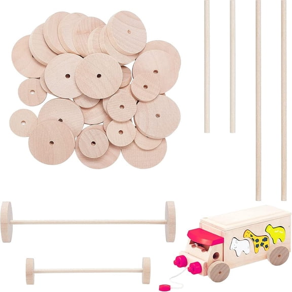 1 Bag 36 Sets 2 Styles Chinese Cherry Wood Unfinshed Wheel DIY Wooden Craft Kit Wheat Stick: 10~15x0.4cm Wheel: 2.5~3.8x0.6cm Hole: 3.7mm