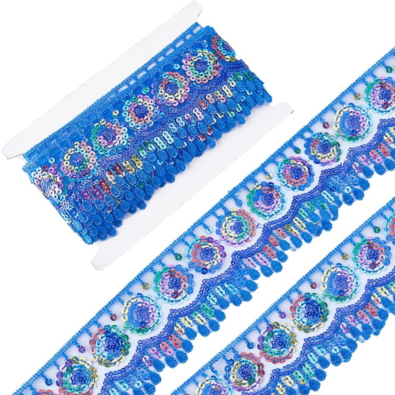 1 Bag 4~4.5M Ethnic Style Polyester Lace Trim with Colorful Paillette Sun Pattern with 1Pc Thread Bobbins White Cards Medium Blue 2-3/8 inch