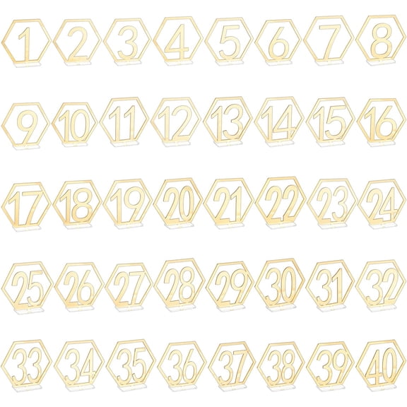 1 Bag 40 Pcs Acrylic Table Numbers 1-40 Wedding Polygonal Table Numbers Reception Stands Seat Numbers with Holder Base for Wedding Party Event Catering Decoration diy Gold