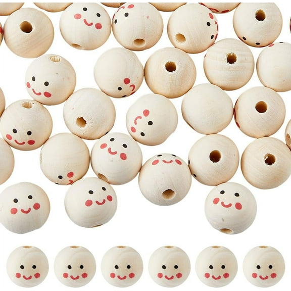 1 Bag 40Pcs Printed Wood Beads Round Wooden Beads Large Hole Beads 4.9mm Bead with Face Pattern European Beads for Macrame Jewelry Necklace Making Home Decor