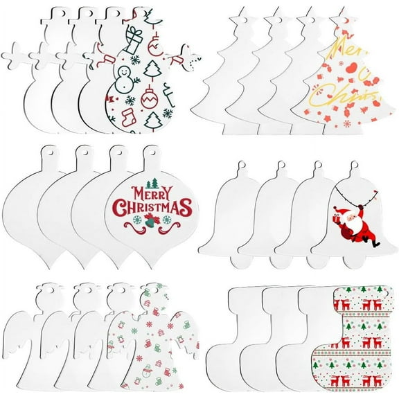 1 Bag 48Pcs 6 Styles Christmas Acrylic Blanks Clear Blank Christmas Ornament Xmas Tree Bells Snow Boots Snowmen Angels Leaves Decoration Acrylic Blanks