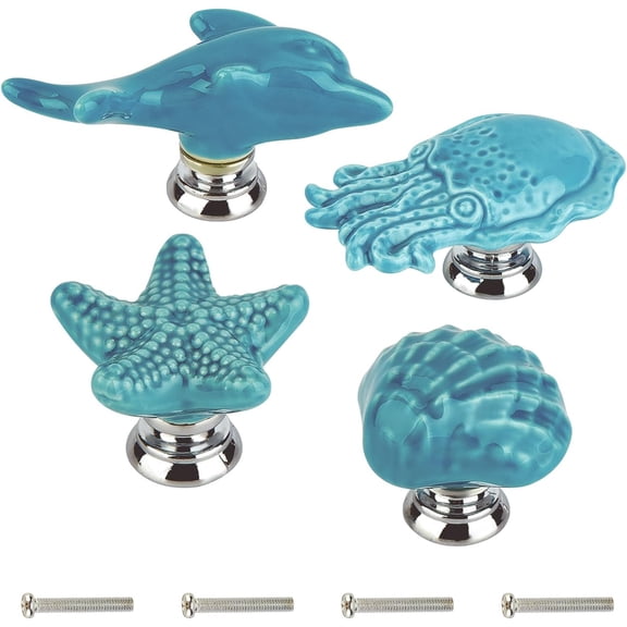 1 Bag 4Sets Starfish Octopus Shell Dolphin Ceramic Cabinet Knobs Marine Animals Theme Ocean Cartoon Style Handmade Dresser Knob Drawer Pulls for Cupboard Kitchen Wardrobe Furniture (Blue)
