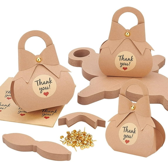 1 Bag 50 Packs Paper Gift Boxes Bowknot Favor Boxes Thank You Kraft Package Box with Stickers Treat Paper Boxes for Wedding Birthday Bridal Shower Baby Shower 1.3x2.6x5.1 inch