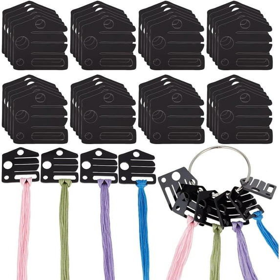 1 Bag 50Pcs Black Acrylic Bobbins with 1pc Hinged Ring House Shape Acrylic Bobbins Floss Chips for Embroidery Floss Organization Cross Stitch Thread Bobbins for Craft DIY Sewing Storage
