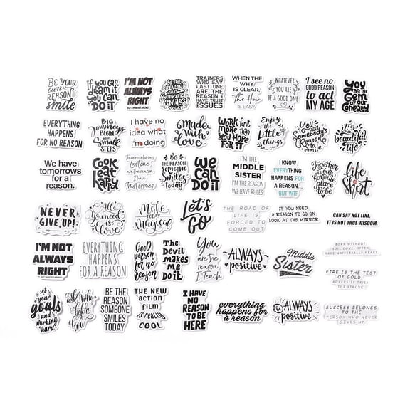 1 Bag 50Pcs Inspirational Theme Cartoon English Word Paper Sticker Label Set for Suitcase & Skateboard & Refigerator Black 21~68x35~76x0.2mm