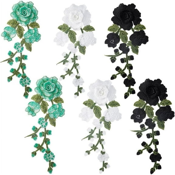 1 Bag 6Pcs 3 Colors Flowers Embroidery Patch Sticker Rose Lace Fabric Sewing Floral Leaves Patches Trim Applique for Women Bridal Wedding Sewing Trimming Dress Clothes DIY Patches