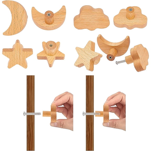 1 Bag 6Pcs 3 Styles Wood Wall Hooks Star Moon Cloud Hat Hooks Decorative Wall Mounted Coat Rack with Screws for Hanging Clothes Hats Towels Bags(2Pcs/Style)