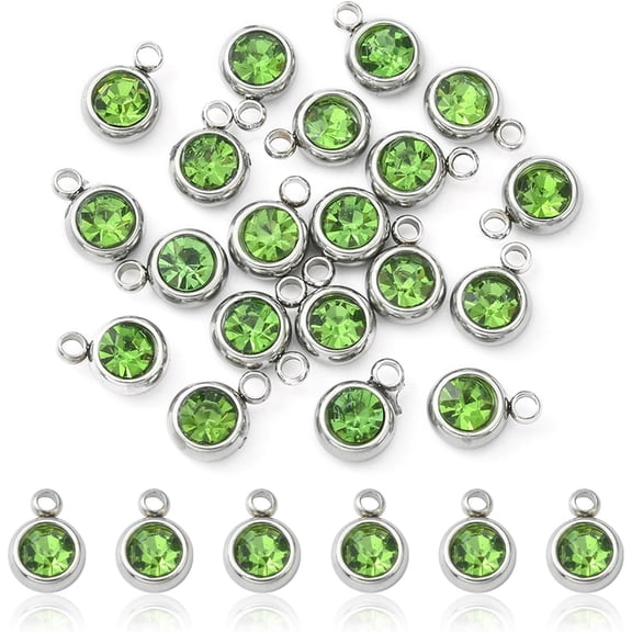 1 Bag Birthstone Pendant Charms 20Pcs 201 Stainless Steel Rhinestone Charms Birthstone Necklace Charms Flat Round Rhinestone Charms