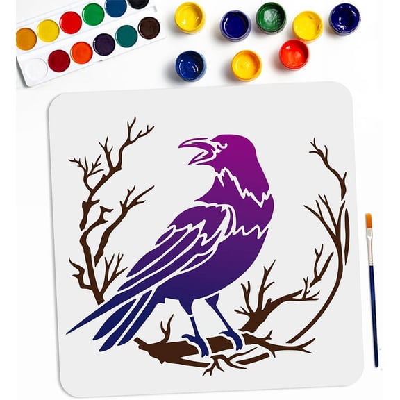 1 Bag Crow Branch Divination Stencils 11.811.8inch Large Raven on Branch Stencils with Paint Brush Primitive Bird Drawing Template
