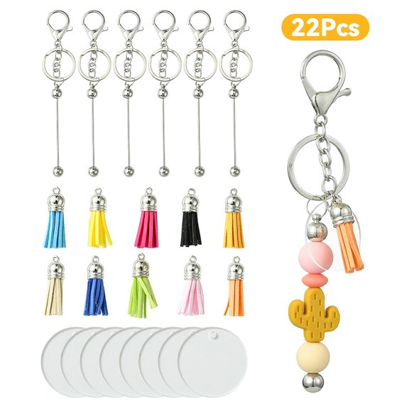 1 Bag DIY Alloy Bar Beadable Keychain Making Kits Blank Flat Round & Tassel Charms Keychain Making Mixed Color 155~158mm