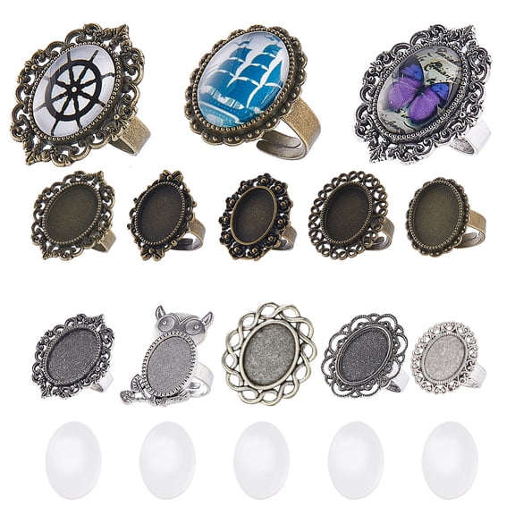 1 Bag DIY Blank Dome Finger Rings Making Kit Including Flower & Owl & Bowknot Adjustable Alloy Ring Settings Glass Cabochons Antique Bronze & Antique Silver 20Pcs/bag