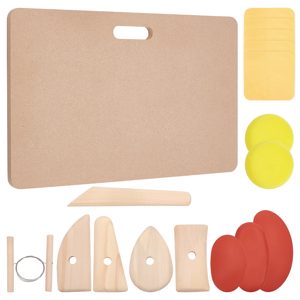 1 Bag DIY Clay Ceramic Craft Jewerly Tool Kit Including Portable Clay Wedging Board MDF Wood Mud Mat Silicone Molds and Wooden Carving Curved