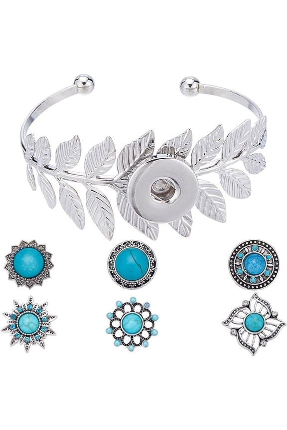 1 Bag DIY Interchangeable Flower Bangle Making Kit Including Alloy Leaf Interchangeable Snap Open Cuff Bangle Settings Alloy Snap Button