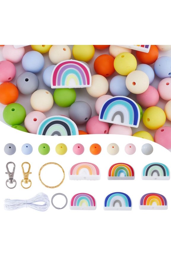 1 Bag DIY Rainbow Keychain Making Kit Including Beads Iron Split Key Rings Alloy Swivel Clasps Mixed Color 118Pcs/bag