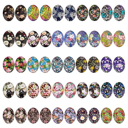 1 Bag Flat Back Glass Cabochons Oval with Flower Mixed Color 25x18mm 50pcs/bag