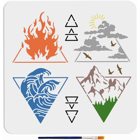 1 Bag Four Elements Stencil 11.811.8inch Wind Fire Water Ground Template with Paint Brush Triangle Alchemical Pattern Stencils