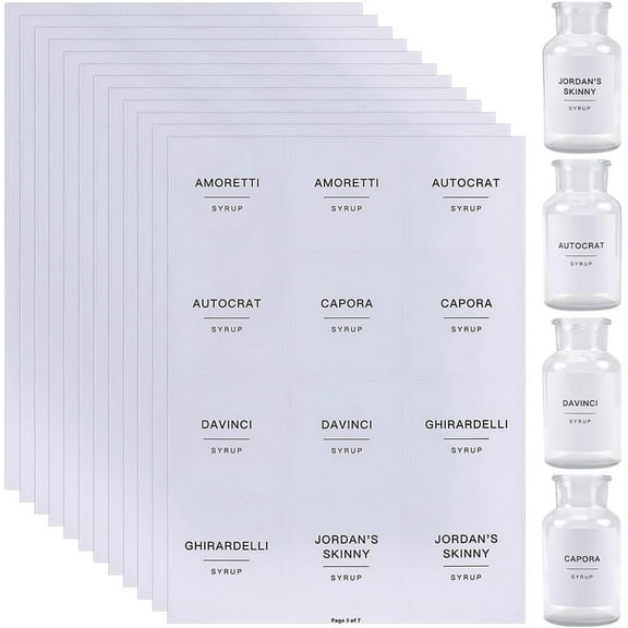 1 Bag Kitchen Pantry Labels Waterproof Bottle Label Stickers Removable PVC Adhesive Sorting Storage Stickers Rectangle with Black Word for Coffee Bar Organization