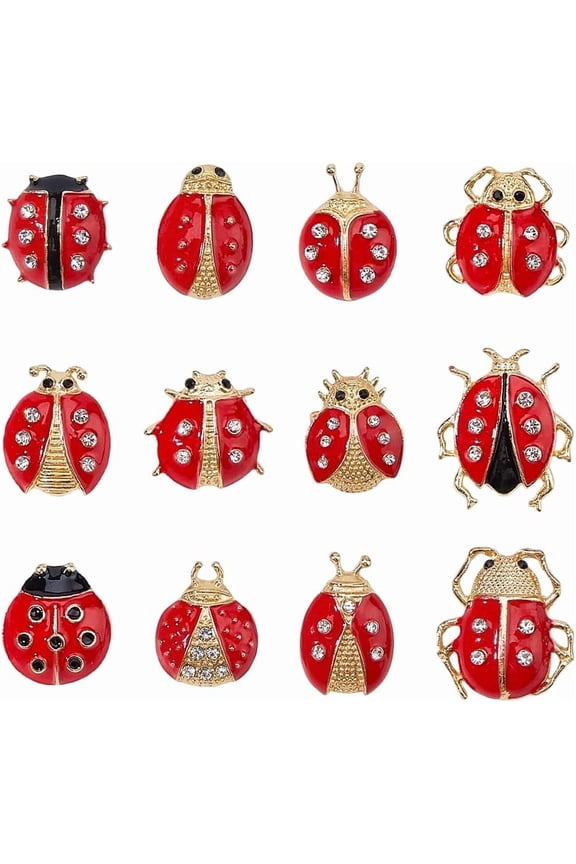 1 Bag Ladybug Enamel Pins Iron Alloy Rhinestone Lapel Pins for Backpack Clothes Red 19.5~26x16~23mm 12pcs/bag for DIY