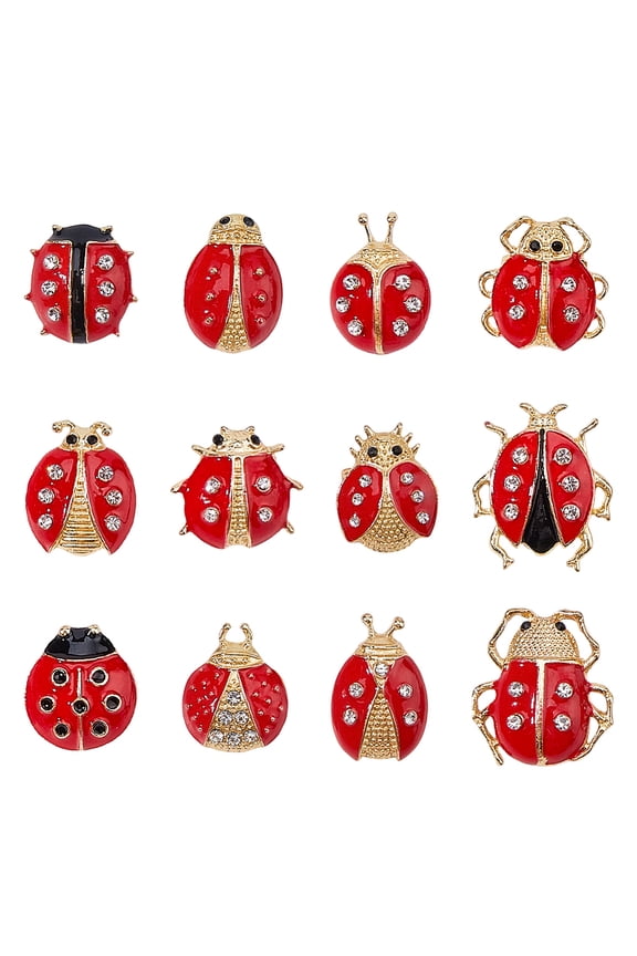 1 Bag Ladybug Enamel Pins Iron Alloy Rhinestone Lapel Pins for Backpack Clothes Red 19.5~26x16~23mm 12pcs/bag