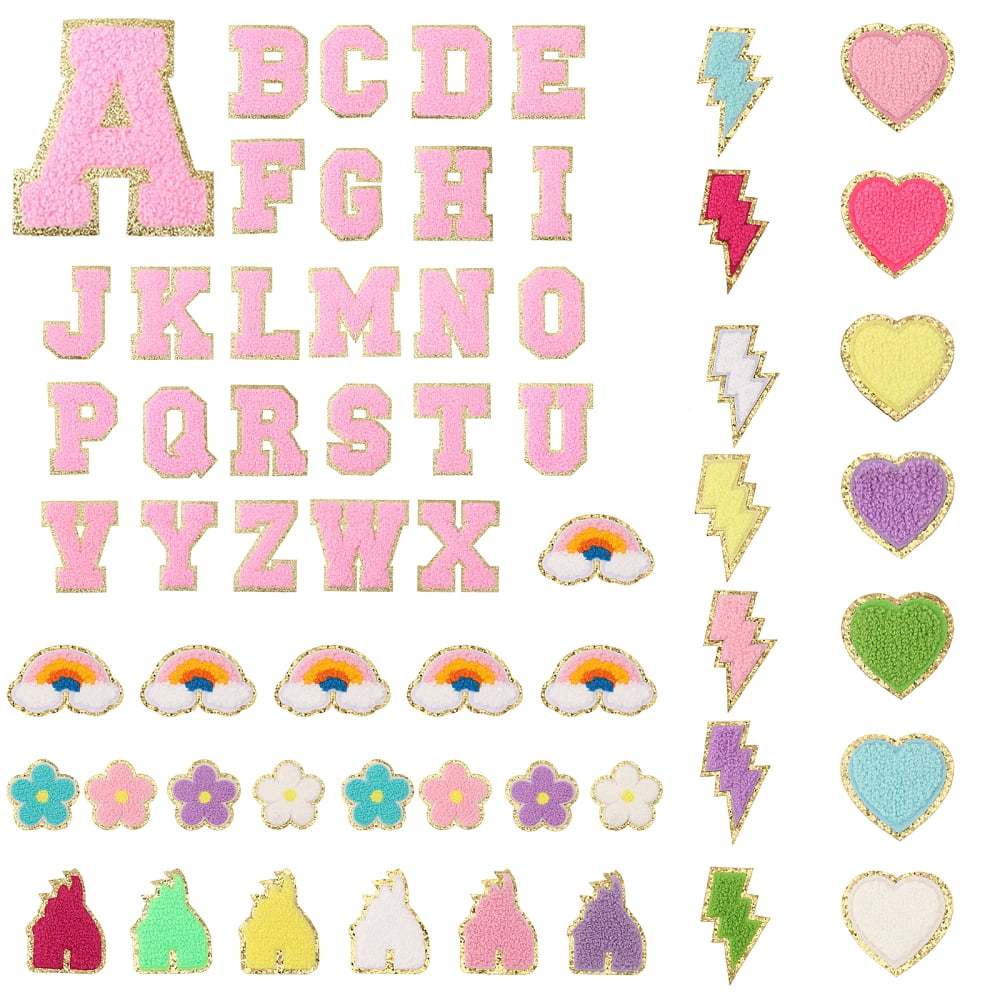 1 Bag Lightning Bolt & Castle & 5-Petal Flower & Letter A~Z & Heart & Rainbow Towel Embroidery Style Cloth Iron on/Sew on Patches Costume Accessories Mixed Color 44~61x41~71x2~3.5mm