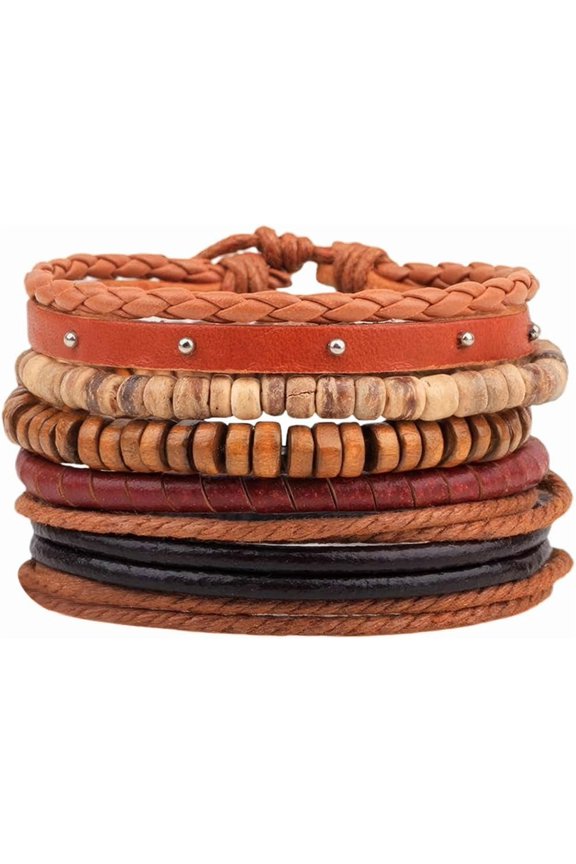 1 Bag Multi-strand Bracelets Stackable Bracelets with Imitation Leather Waxed Cotton Cord Wooden Bead Hemp Rope and Coconut Shell