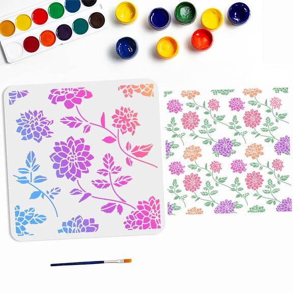 1 Bag PET Hollow Out Drawing Painting Stencils for DIY Scrapbook Photo Album with 1Pc Art Paint Brushes Flower 300x300mm for DIY