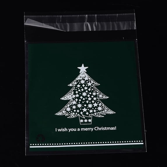 1 Bag Rectangle OPP Cellophane Bags with Christmas Tree Pattern Dark Green 14x9.9cm Unilateral Thickness: 0.035mm Inner Measure: 11x9.9cm 95~100pcs/bag