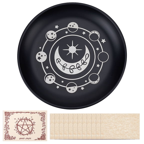 1 Bag Stainless Steel Pendulum Board Dowsing Divination Board for Supplies with Paper Card Flat Round Moon Phase 140mm