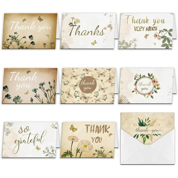 1 Bag Thank You Theme Cards for Birthday Thanksgiving Day Rectangle with Mixed Plant Pattern Mixed Color 100x150mm 9pcs/set 1set/bag