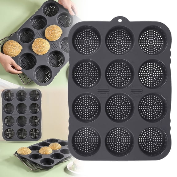 1*Baking Tray Clearance! Silicone Hamburger Bun 12 Cavity Loaf Pan Non Stick Baking Pannon Stick Pan Easy To Release Household Silicone Food Baking New Baking Tool