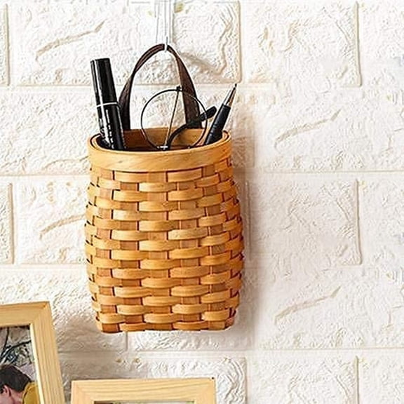 1*Basket Hanging Wicker Basket Hand Woven Wood Storage Basket Portable Wall Hanging Flower Basket Organizer Fruit Vegetable Rattan Box Home Decoration Height Home Textile Storage