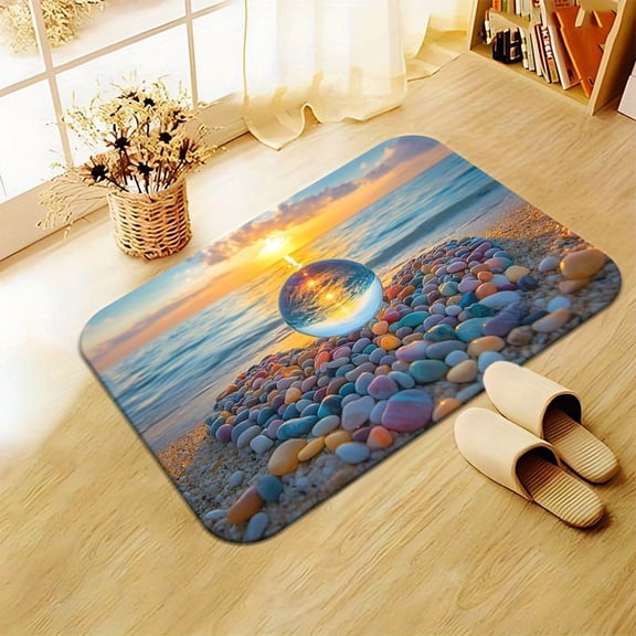 1 Beach Sunset Glass Stone Pattern Non-Slip Door Mat - Made of microfiber absorbent, machine washable polyester material, suitable for bathrooms, living rooms, kitchens, and other places.