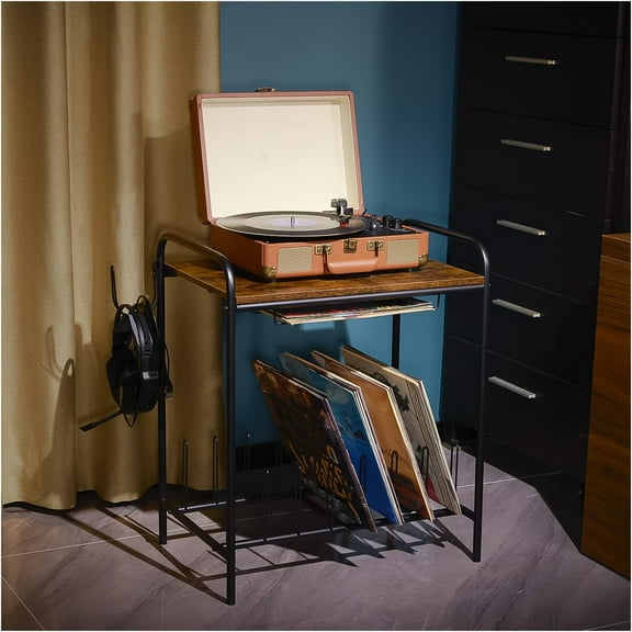 1 Bedside Table, Side Table with Photo Album Storage, Modern Bedside Table, Record Player Organizer, Suitable for Living Room, Bedroom, Black/brown