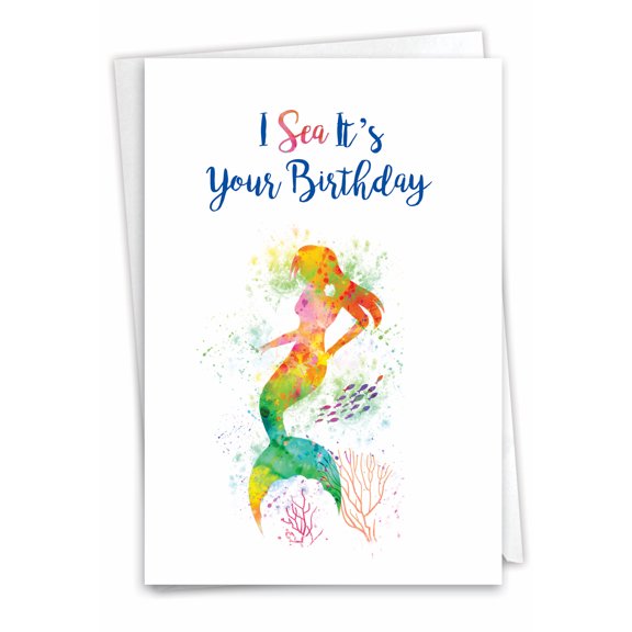 The Best Card Company Birthday Greeting Card w/ 5x7 Envelope (1 Card), for Men, Women, Bday Funky Rainbow Mermaids C6863GBDG