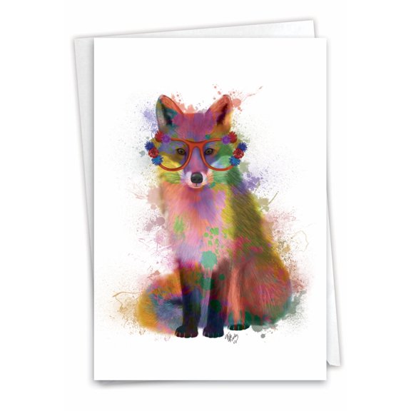 The Best Card Company Wildlife Birthday Greeting Card w/ 5x7 Envelope (1 Card), for Men, Women, Bday Funky Rainbow Fox C4948ABDG